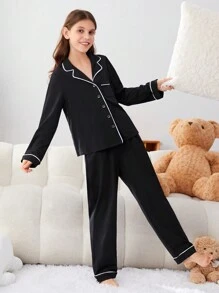 SHEIN Tween 女童针织纯色翻领宽松上衣和阔腿裤家居服套装 - 黑色 - 查看 1