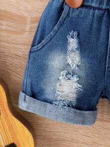 Conjunto De Camisa A Cuadros Y Pantalones Cortos Overoles Envejecidos Para Bebés Masculinos - Verde - Ver 4