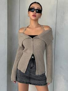 DAZY 女式拉鍊開合掛脖開襟衫 - 卡其色 - 查看 5