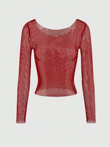 SHEIN Unity 女士純色網眼圓領長袖上衣 - 紅色 - 查看 1
