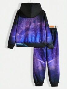 SHEIN Conjunto Informal Para Niños Sudadera Con Capucha Y Pantalones De Punto Con Elementos Espaciales Impresos