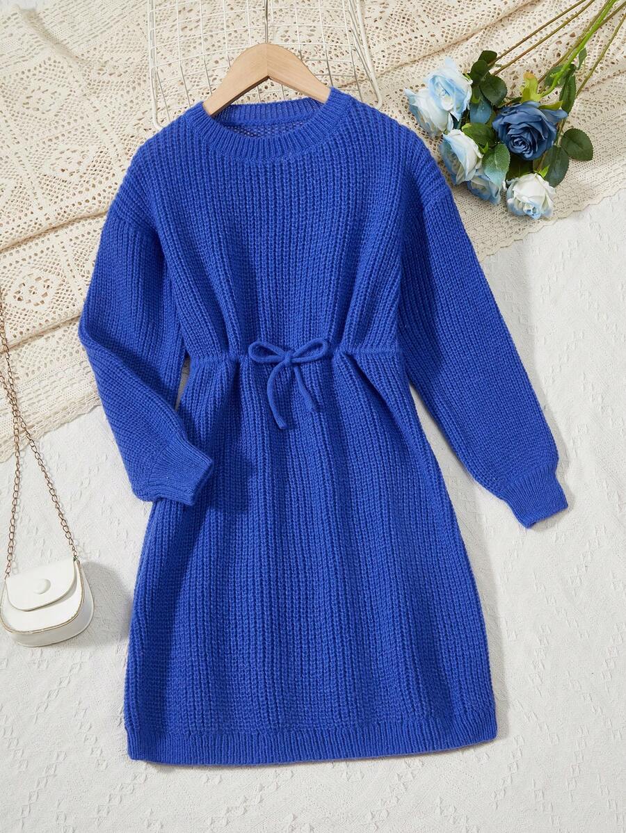 SHEIN Thanh lịch & Đầm Áo len Với dây rút Eo Đối với Bé gái tuổi teen - Màu xanh lam - Xem 1