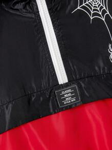 SHEIN Toddler Boys' Hooded Zipper Jacket With Half Placket, Letter Patch And Spider Print - Black - View 5