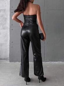 EURMUSE Women's Pu Leather Jumpsuit - Black - View 2