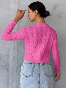 SHEIN Cottnline Solid Cable Knit Drop Shoulder Sweater - Pink - View 2