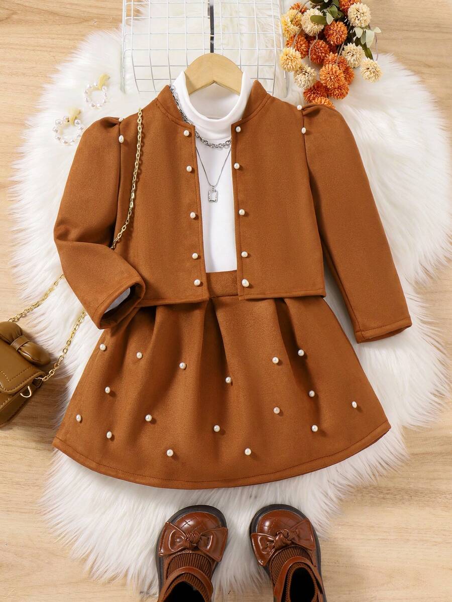 SHEIN 適合秋冬穿著的休閒復古風學院風優雅女士夾克和裙子兩件套裝,適合幼女 - 棕色 - 查看 1