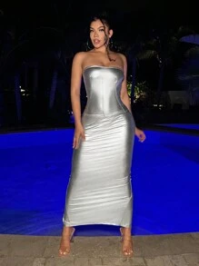 SHEIN SXY 新年派對銀色金屬面料深v領高中開叉連身裙 - 銀色 - 查看 3