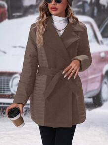 SHEIN Clasi Belted Padded Padded Coat Clothes Winter With Lapel Collar - Coffee Brown - View 4