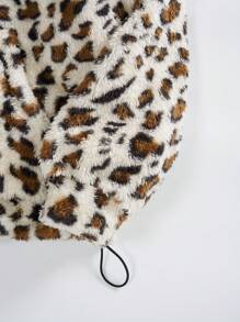 SHEIN EZwear Leopard Print Fleece Half Zip Hoodie - Khaki - View 5