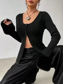 Flirla 毛茸茸袖口釦扣仿羊毛開衫 - 黑色 - 查看 4