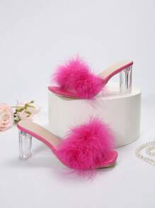 Summer New Arrival Peach Red High Heels, Chunky Heels, Sexy Clear Crystal Fluffy Slides, Wearable Fashionable Sandals With Open Toe - Hot Pink - View 7