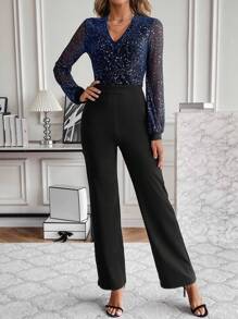 SHEIN Clasi 女士亮片長袖連身褲 - 寶藍色 - 查看 1