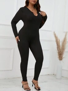 SHEIN EZwear 大碼缺口領彈力緊身連體褲 - 黑色 - 查看 6