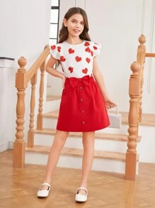 Bộ váy và áo sơ mi thường ngày có mũ dệt hình trái tim cho bé gái Tween, trang phục phù hợp cho mẹ và tôi (2 bộ được bán riêng) - Đỏ - Xem 3