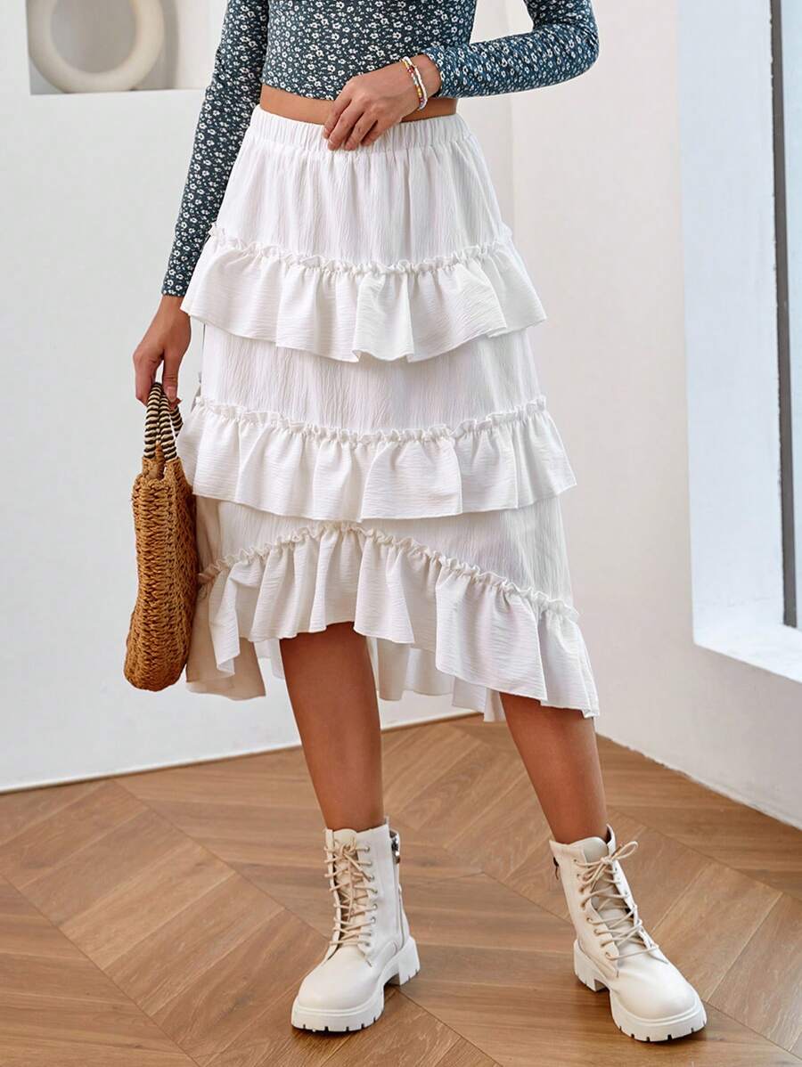 Soleia 女性純色多層鬆緊不對稱裙襬 - 白色 - 查看 1