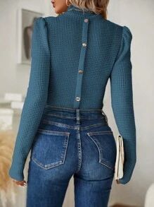 SHEIN Clasi Của phụ nữ Ống tay áo Dệt kim Waff Áo thun - Màu xanh lam - Xem 1