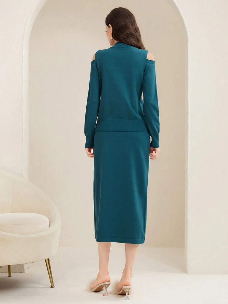 Women'S Plain Stand Collar, Cold-Shoulder Knitted Sweater And Skirt Set 2 Piece Set