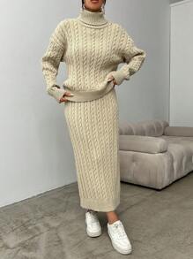 EURMUSE Cable Knit Turtleneck Sweater And Skirt Two Piece Set - Beige - View 3
