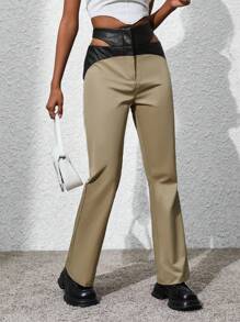 SHEIN LUNE Pantalones Largos Con Cintura Elástica Y Recorte Casual De Otoño / Invierno - Caqui - Ver 5