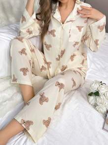 Ladies Bear Print Long Sleeve Top Long Pants Pajama Set - Apricot - View 1