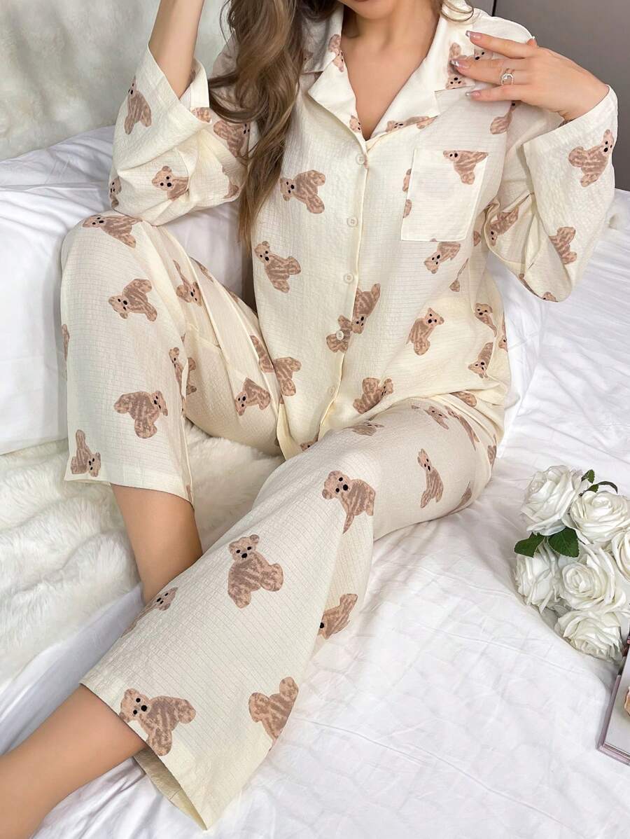 Ladies Bear Print Long Sleeve Top Long Pants Pajama Set - Apricot - View 1