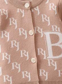 Infant Boy's Letter Patterned Cardigan With Round Collar - Khaki - View 6