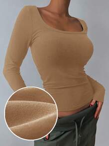 DAZY 女士純色修身保暖長袖t恤 - 芥末黃 - 查看 1