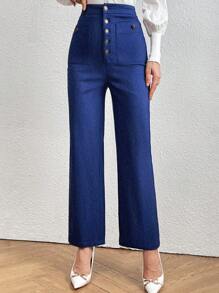 SHEIN Privé Pantalones Acampanados De Mujer Con Botones Delanteros - Azul - Ver 1