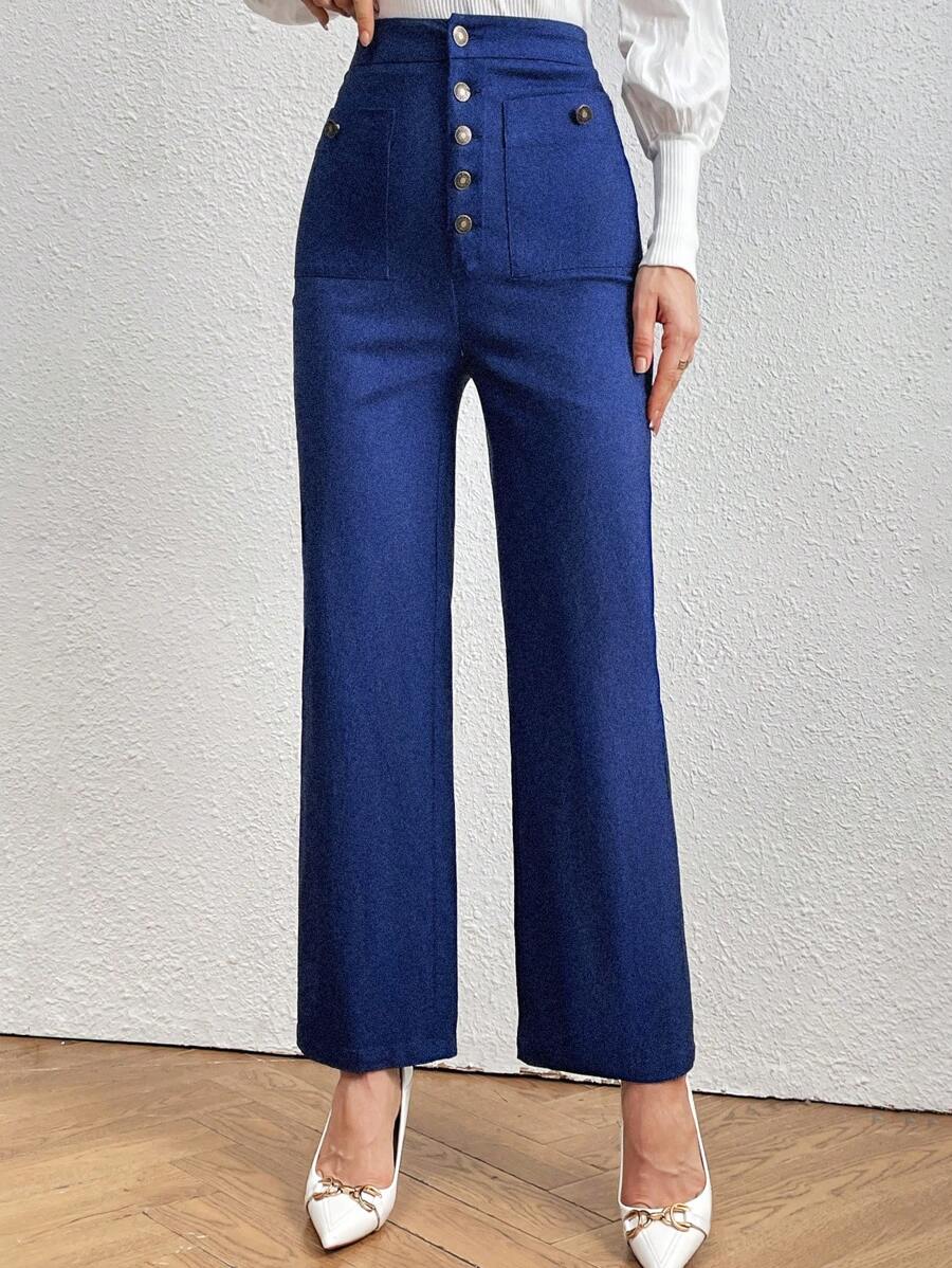 SHEIN Privé Pantalones Acampanados De Mujer Con Botones Delanteros - Azul - Ver 1