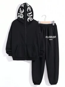 Cậu bé Tween Đồ họa Chữ cái Áo Hoodie & Quần thể thao - màu đen - Xem 1