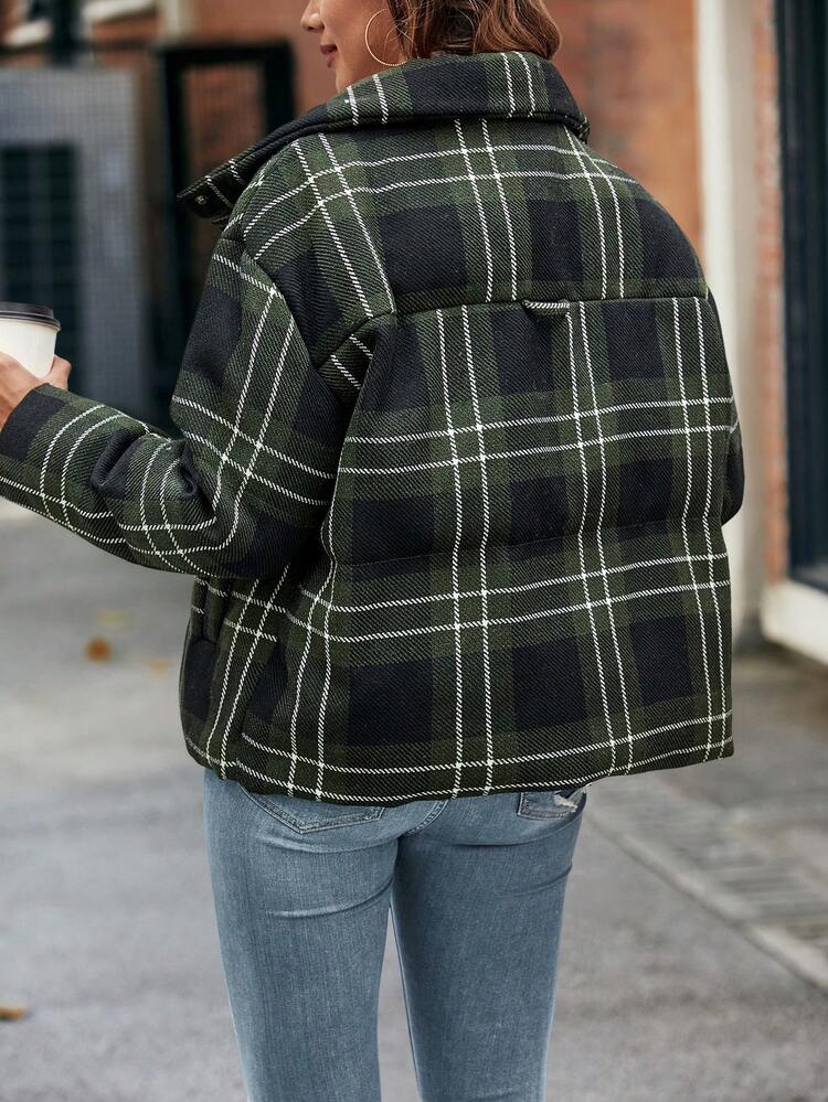 Ladies Simple Plaid Zipper Lapel Padded Padded Coat Clothes Winter
