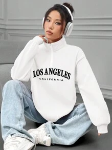 SHEIN EZwear 女式字母印花半拉鍊運動衫 - 白色 - 查看 1