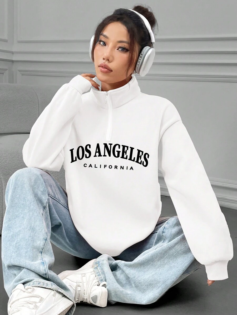 SHEIN EZwear 女式字母印花半拉鍊運動衫 - 白色 - 查看 1