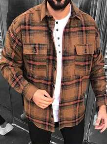 Manfinity Homme Loose Fit Men's Plaid Checkered Flap Pocket Shacket - Brown - View 1