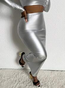 Slaydiva Solid PU Leather Pencil Skirt - Silver - View 6