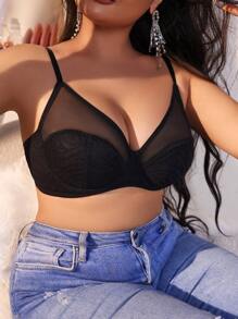 SHEIN 大尺碼女性網紗拼接文胸上衣 - 黑色 - 查看 5