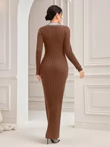 Modelyn Vestido Con Cuello En V, Bloques De Color Con Ribete Contrastante - Camel - Ver 2