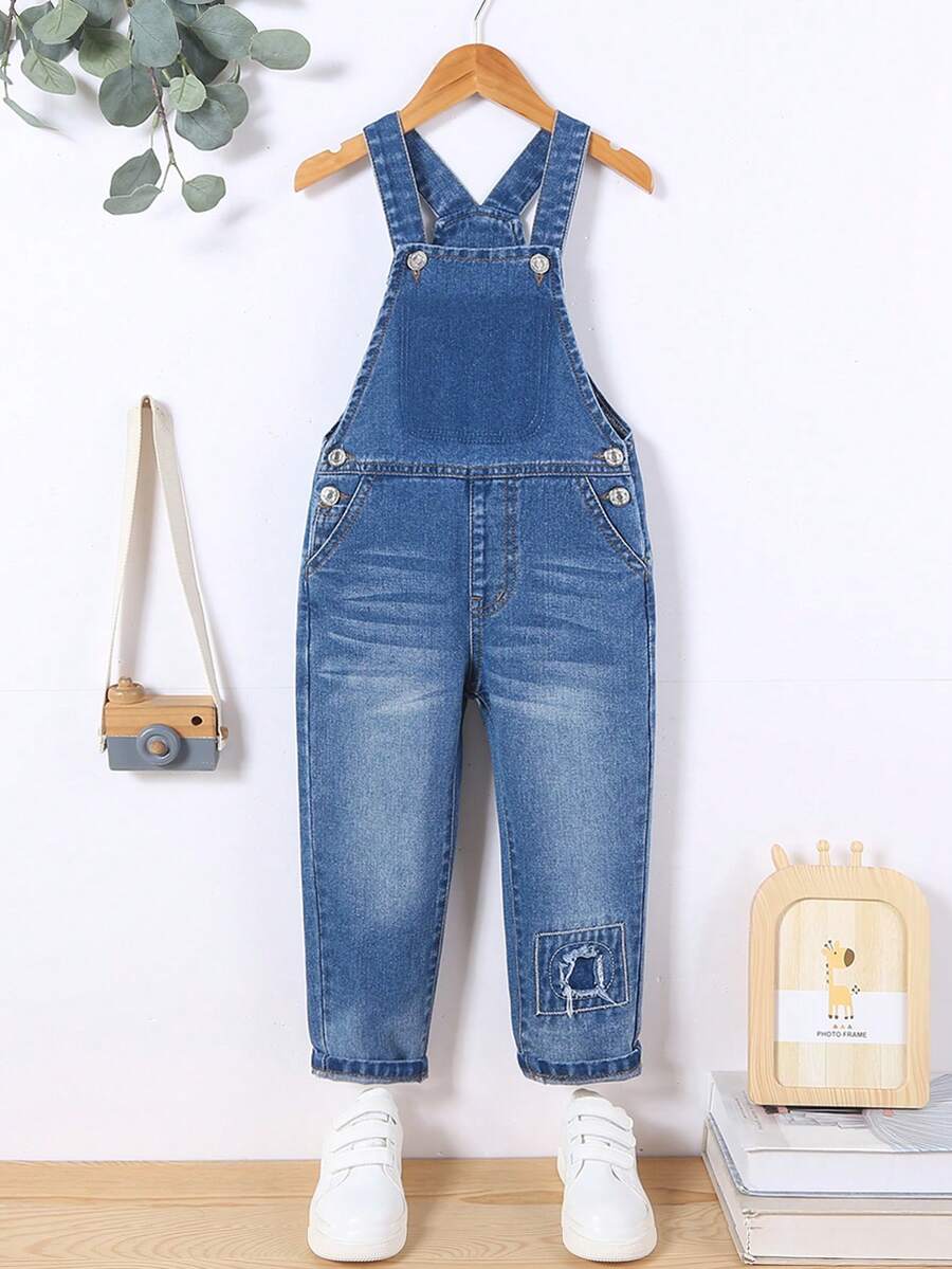Quần yếm denim rộng rãi thoải mái phong cách đại học cổ điển cho bé trai - Rửa tối - Xem 1
