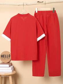 SHEIN 男孩休閒編織風龍紋襯衫和長褲漢服套裝,服裝2入組 - 紅色 - 查看 2