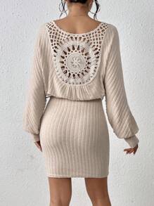 SHEIN Frenchy Crochet Patchwork Lantern Sleeve Dress Winter Casual - Apricot - View 5