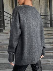 EURMUSE Rhinestone Detail Drop Shoulder Sweater - Dark Grey - View 2