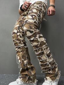 Manfinity Roghcode Herren Camouflage Muster Denim mit ausgefranstem Saum und Distressed-Style in Baggy Long Form, mit Camo-Jean Cargo, farbenfrohem Stil, für einen Abend, Grunge-Look und Rapper Style - Armeegrün - Übersicht 1