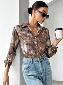 SHEIN Essnce Women's Tie-dye Striped Pattern Casual Fashion Shirt - Apricot - View 3