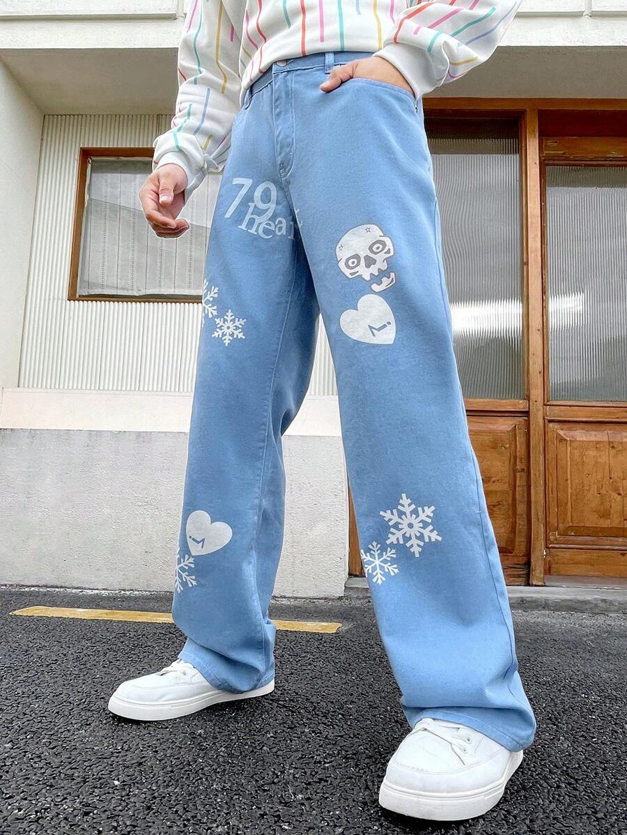 Manfinity Hypemode Men's Snowflake & Skeleton Printed Straight Leg Jeans