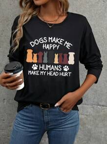 EMERY ROSE Women's Slogan & Dog Print T-shirt - Black - View 4