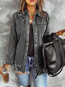 純色紐扣前毛邊牛仔夾克 - 灰色 - 查看 3