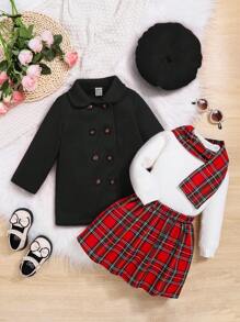 SHEIN 女嬰4件純色紐扣毛呢大衣+格子裙+圍巾帽子套裝 - 黑色 - 查看 1