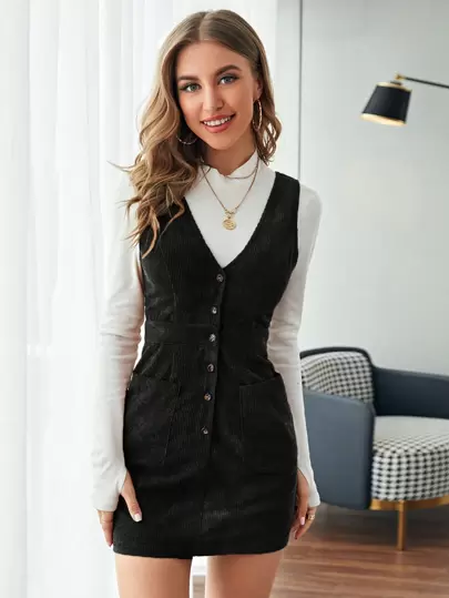 SHEIN Privé Single breasted Påsydd fickledning övergripande klänning