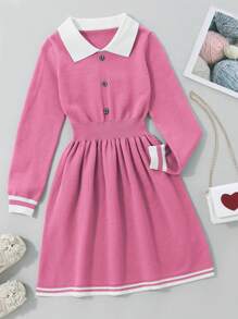 SHEIN Tween Girls' Sweater Dress With Contrast Collar - Pink - View 1