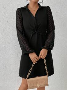 SHEIN Frenchy Women's Mesh Lantern Sleeve Dress Winter Elegant Black Evening Dress - Black - View 3